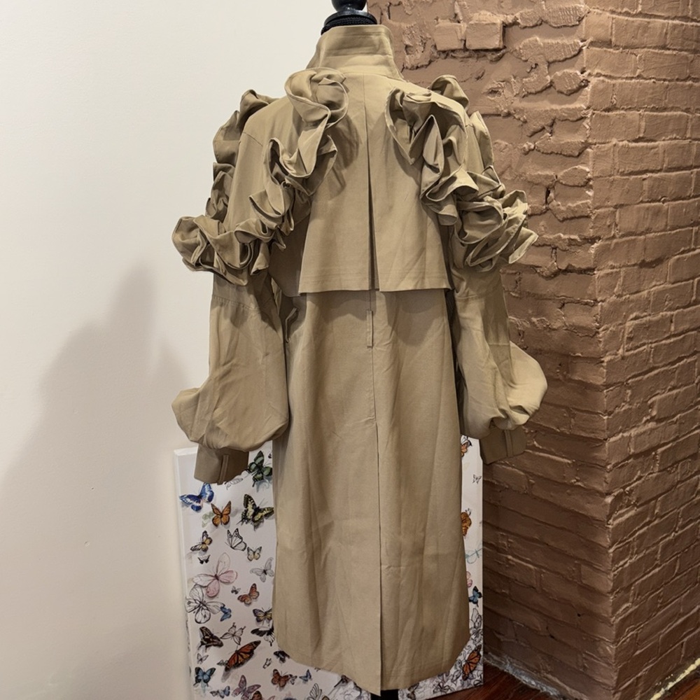 Stylish Tan Ruffle Sleeve Trench Coat size medium can fit a large comes w belt - Picture 5 of 5